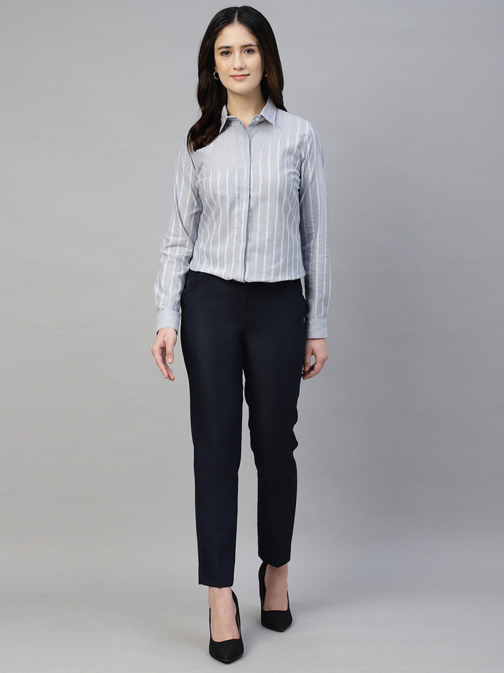 Hancock Women Bluish Grey Stripe Pure Cotton Regular Fit Formal Shirt