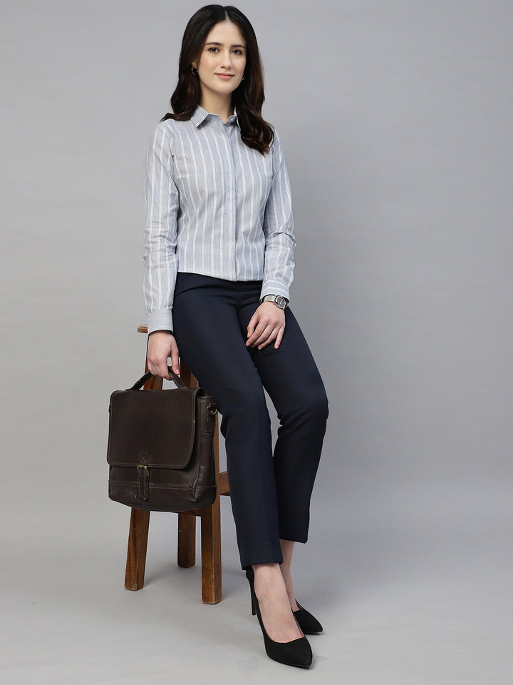 Hancock Women Bluish Grey Stripe Pure Cotton Regular Fit Formal Shirt