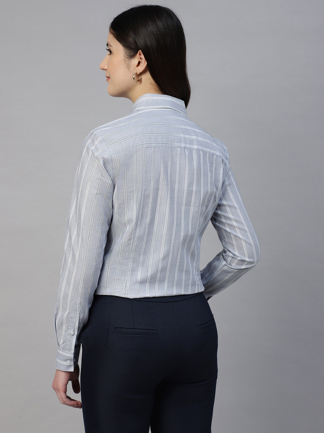 Hancock Women Bluish Grey Stripe Pure Cotton Regular Fit Formal Shirt