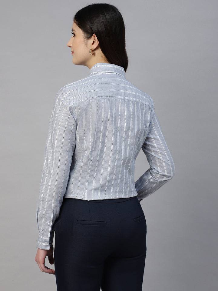 Hancock Women Bluish Grey Stripe Pure Cotton Regular Fit Formal Shirt