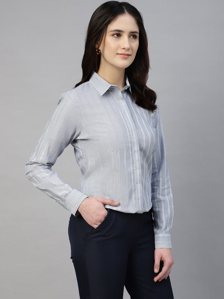 Hancock Women Bluish Grey Stripe Pure Cotton Regular Fit Formal Shirt