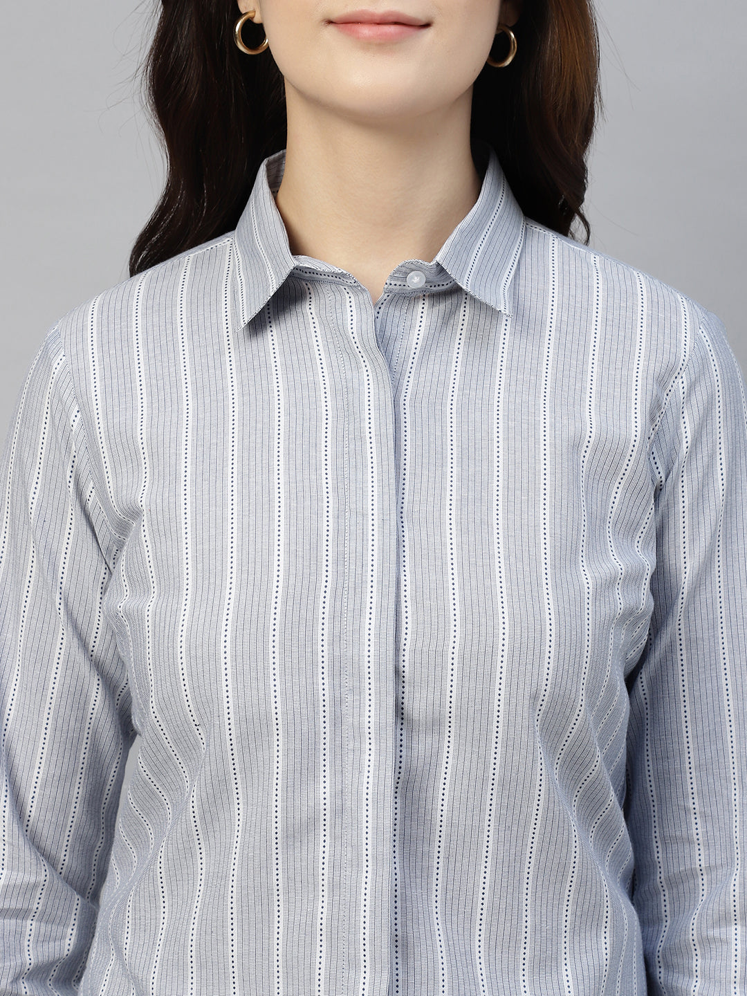 Hancock Women Bluish Grey Stripe Pure Cotton Regular Fit Formal Shirt