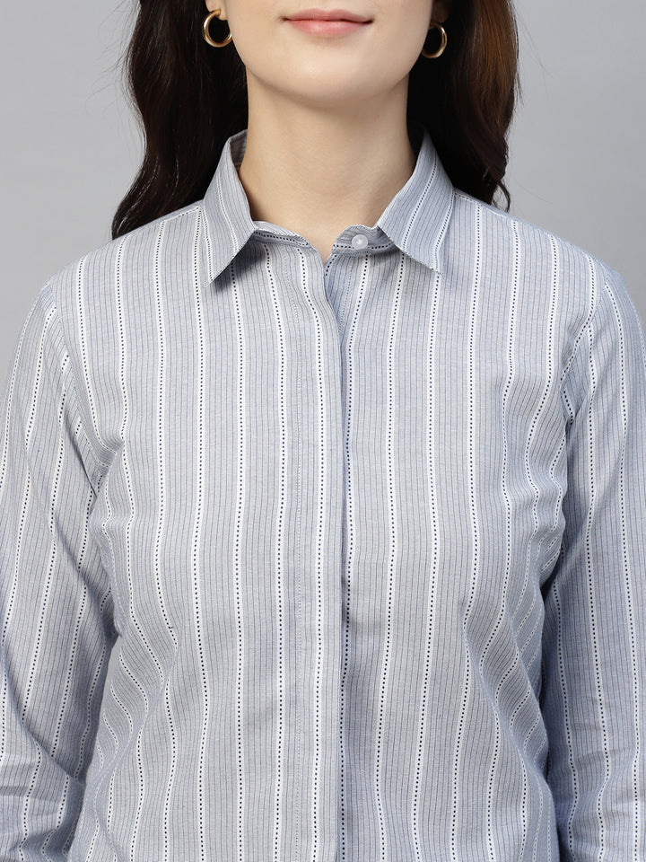 Hancock Women Bluish Grey Stripe Pure Cotton Regular Fit Formal Shirt