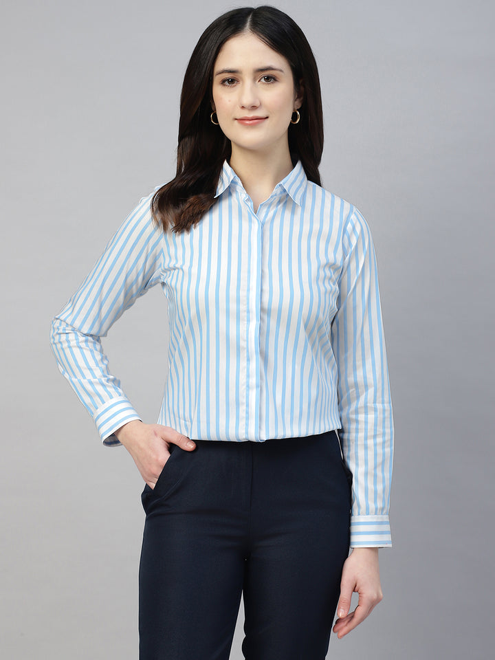 Hancock Women White & Blue Stripe Cotton Elastene Regular Fit Formal Shirt