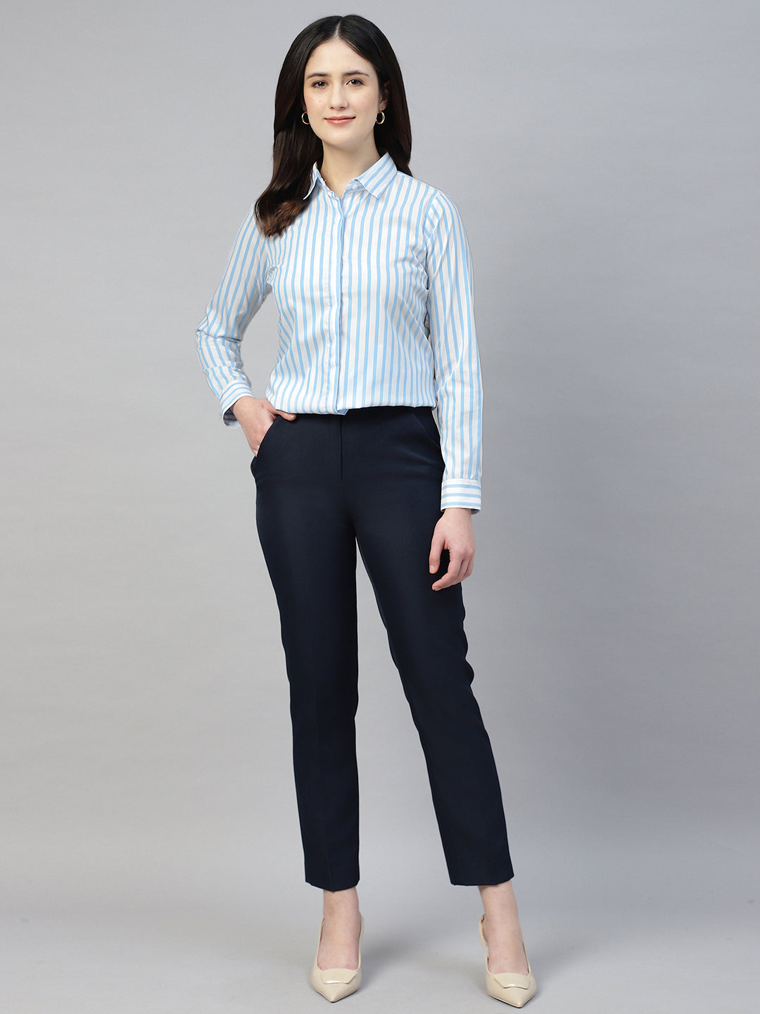 Hancock Women White & Blue Stripe Cotton Elastene Regular Fit Formal Shirt
