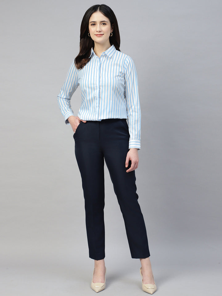 Hancock Women White & Blue Stripe Cotton Elastene Regular Fit Formal Shirt