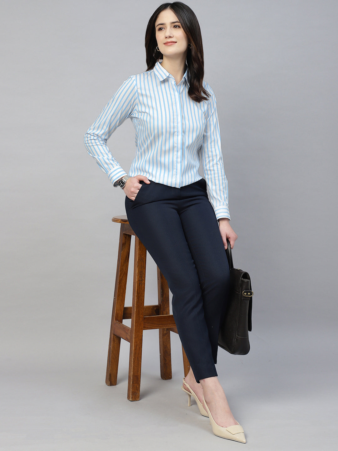 Hancock Women White & Blue Stripe Cotton Elastene Regular Fit Formal Shirt