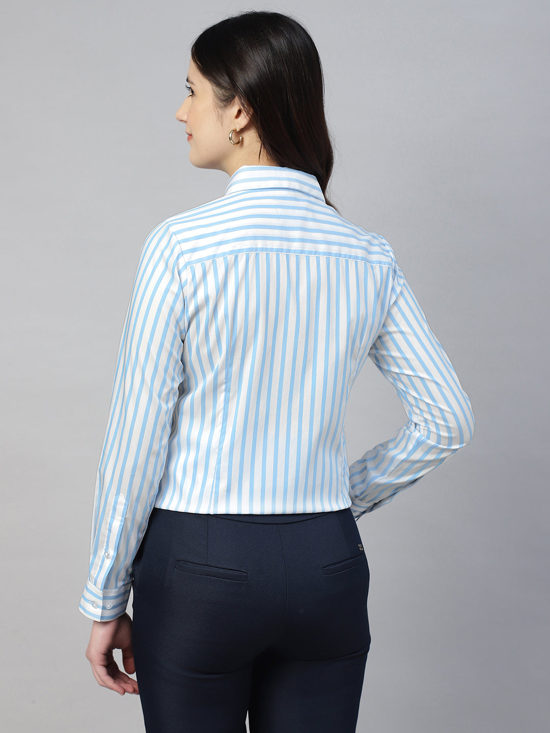 Hancock Women White & Blue Stripe Cotton Elastene Regular Fit Formal Shirt
