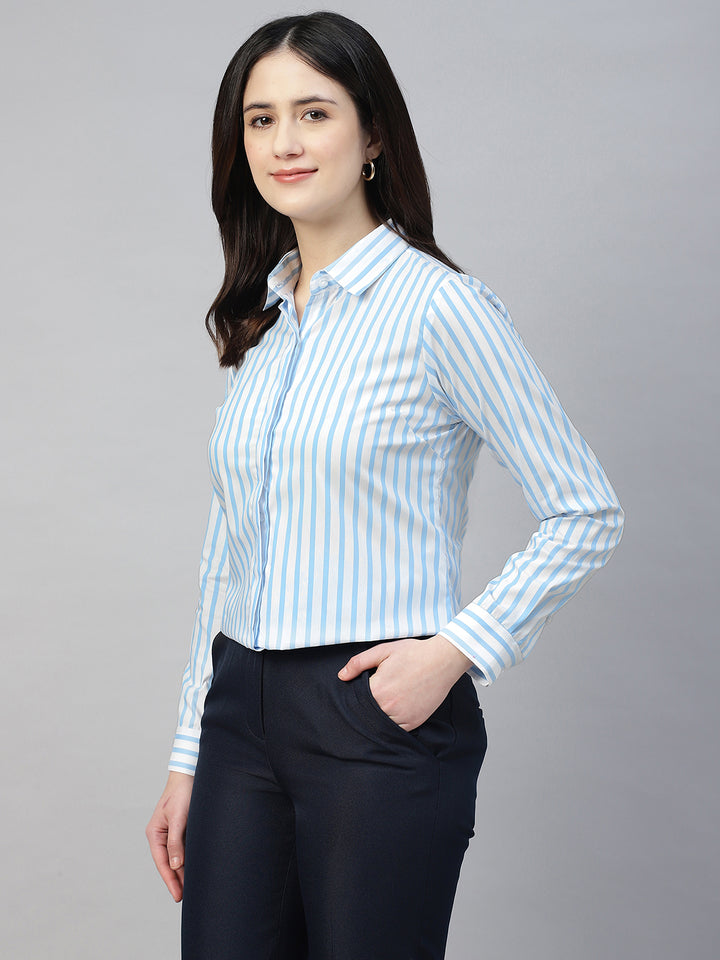 Hancock Women White & Blue Stripe Cotton Elastene Regular Fit Formal Shirt
