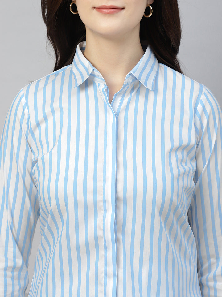 Hancock Women White & Blue Stripe Cotton Elastene Regular Fit Formal Shirt