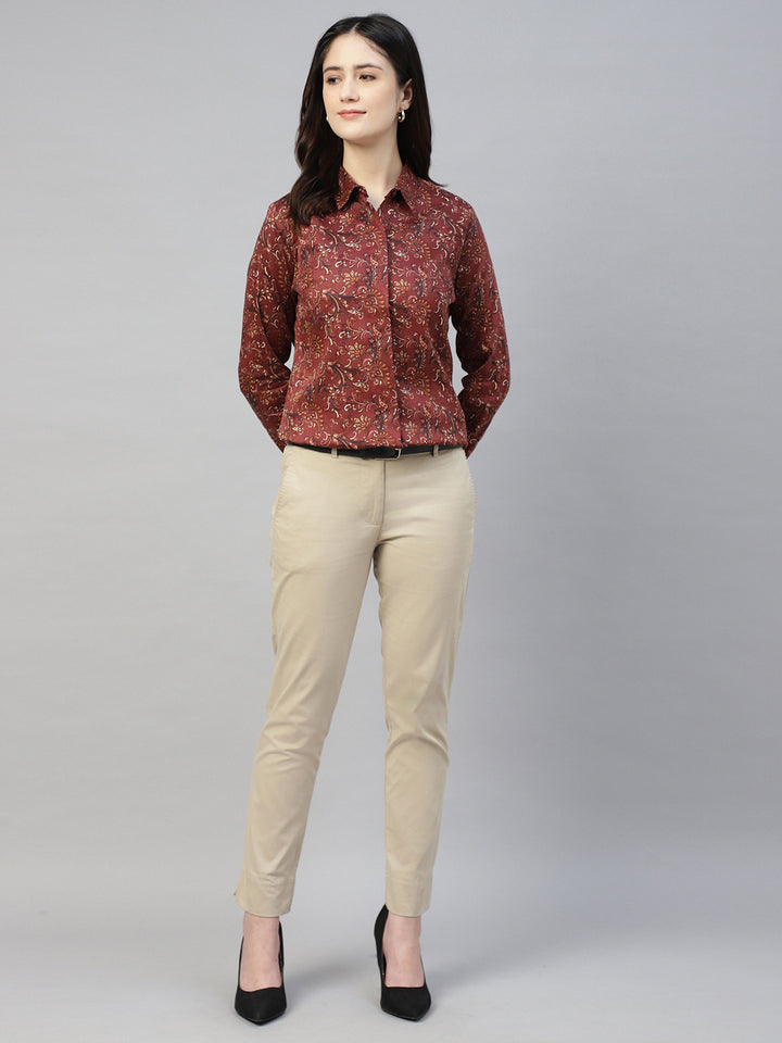 Hancock Women Maroon Prints Cotton Elastene Regular Fit Formal Shirt