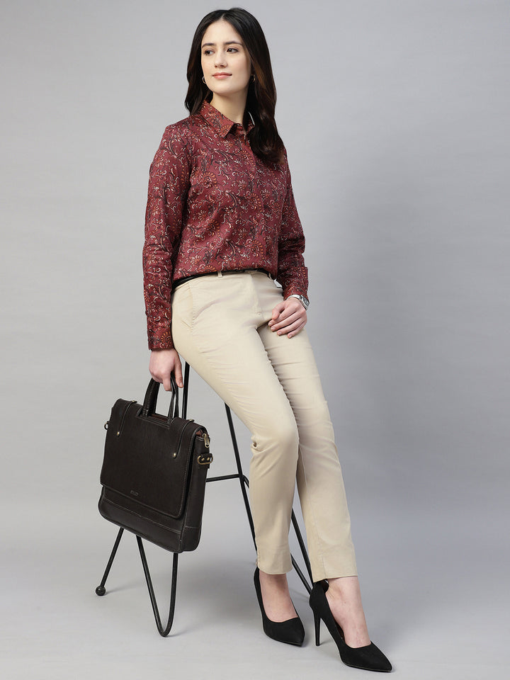 Hancock Women Maroon Prints Cotton Elastene Regular Fit Formal Shirt