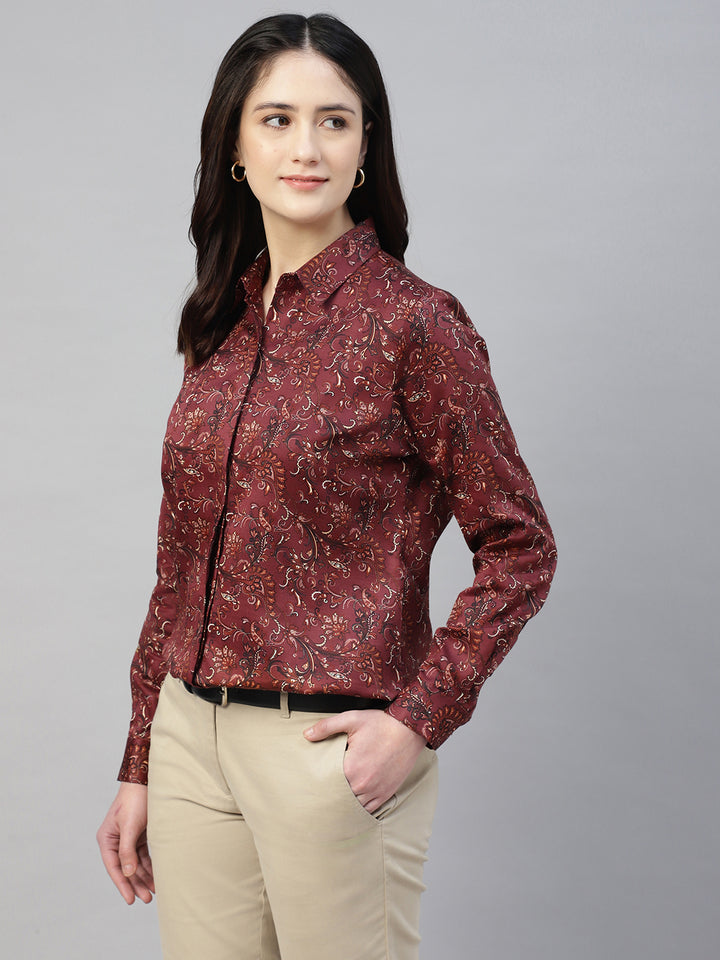 Hancock Women Maroon Prints Cotton Elastene Regular Fit Formal Shirt