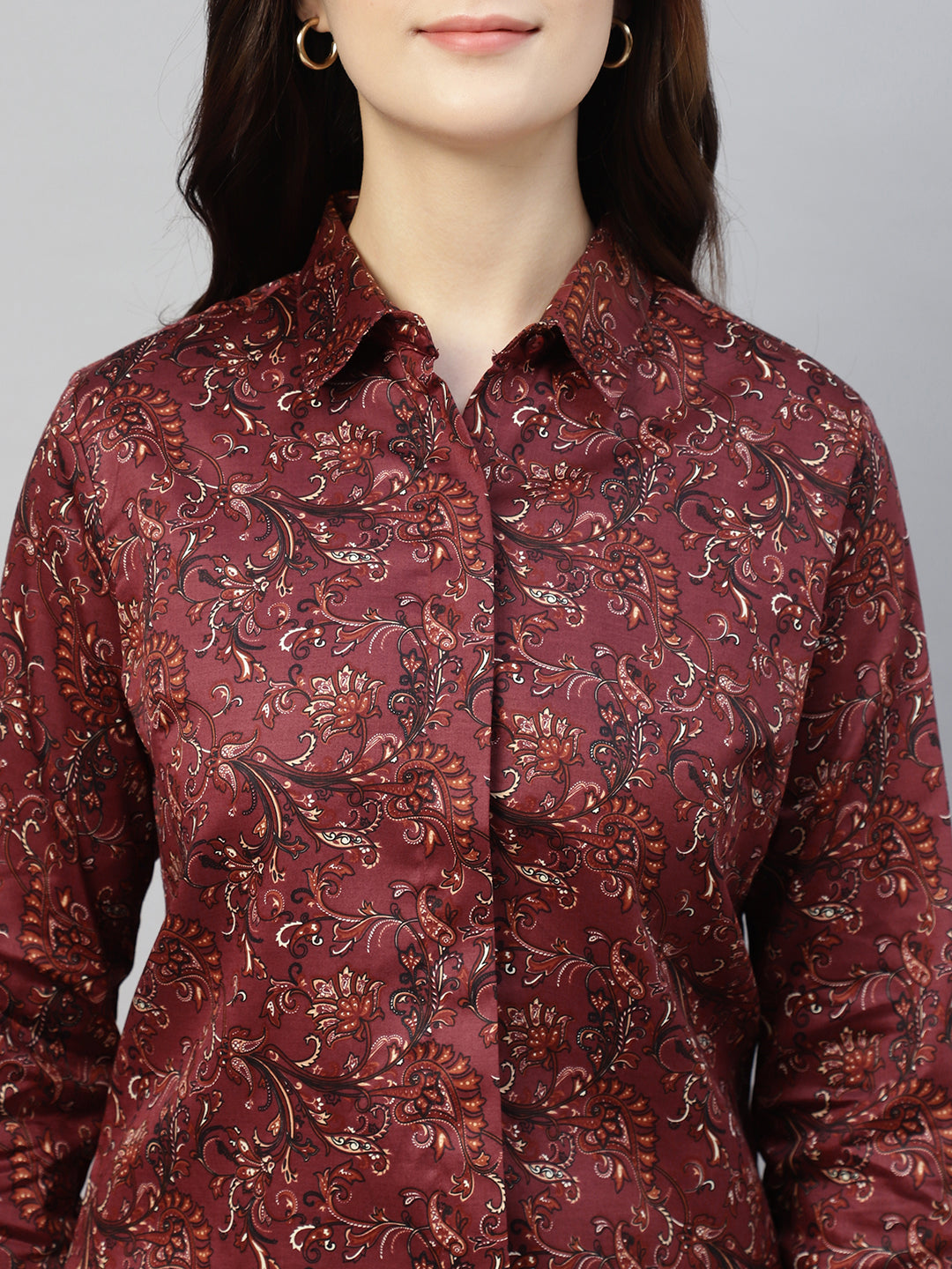 Hancock Women Maroon Prints Cotton Elastene Regular Fit Formal Shirt