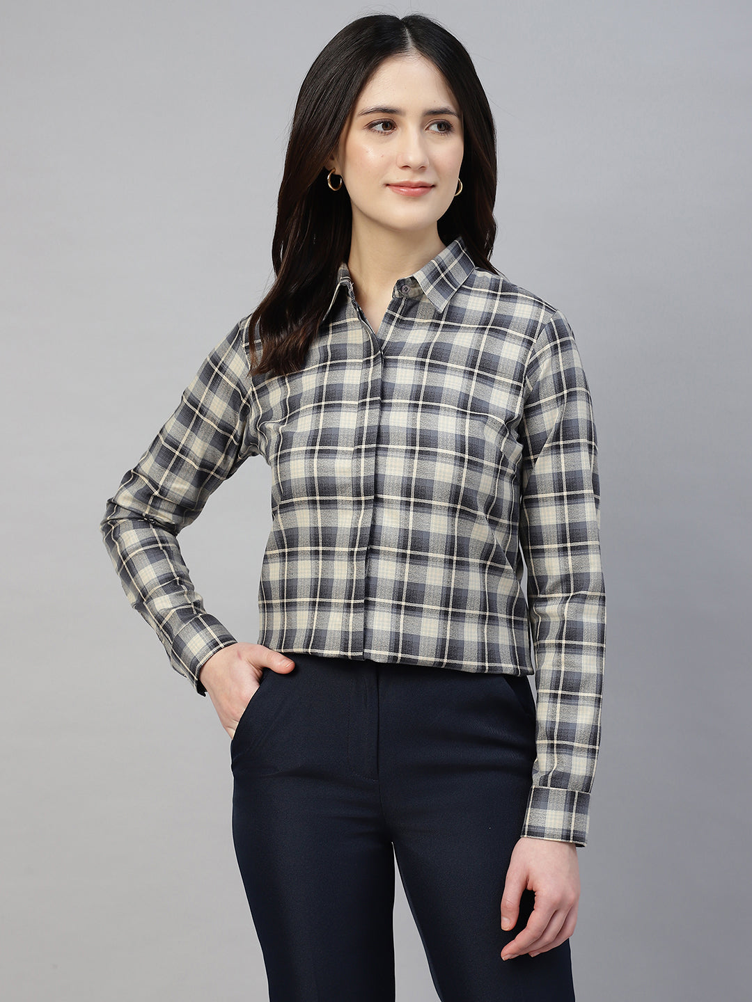 Hancock Women Beige & Navy Blue Check Pure Cotton Regular Fit Formal Shirt