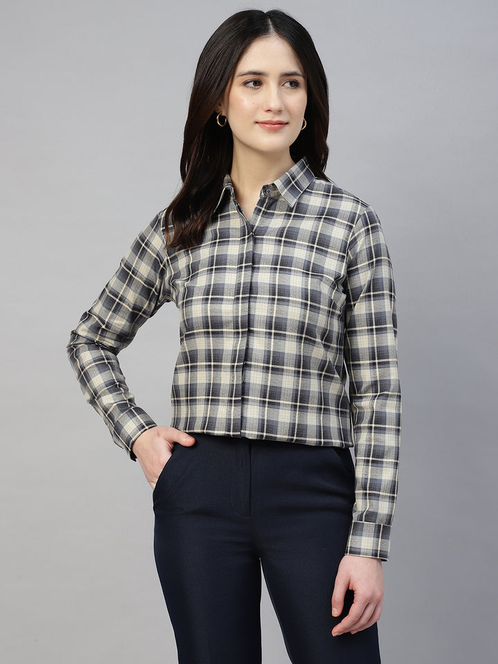 Hancock Women Beige & Navy Blue Check Pure Cotton Regular Fit Formal Shirt