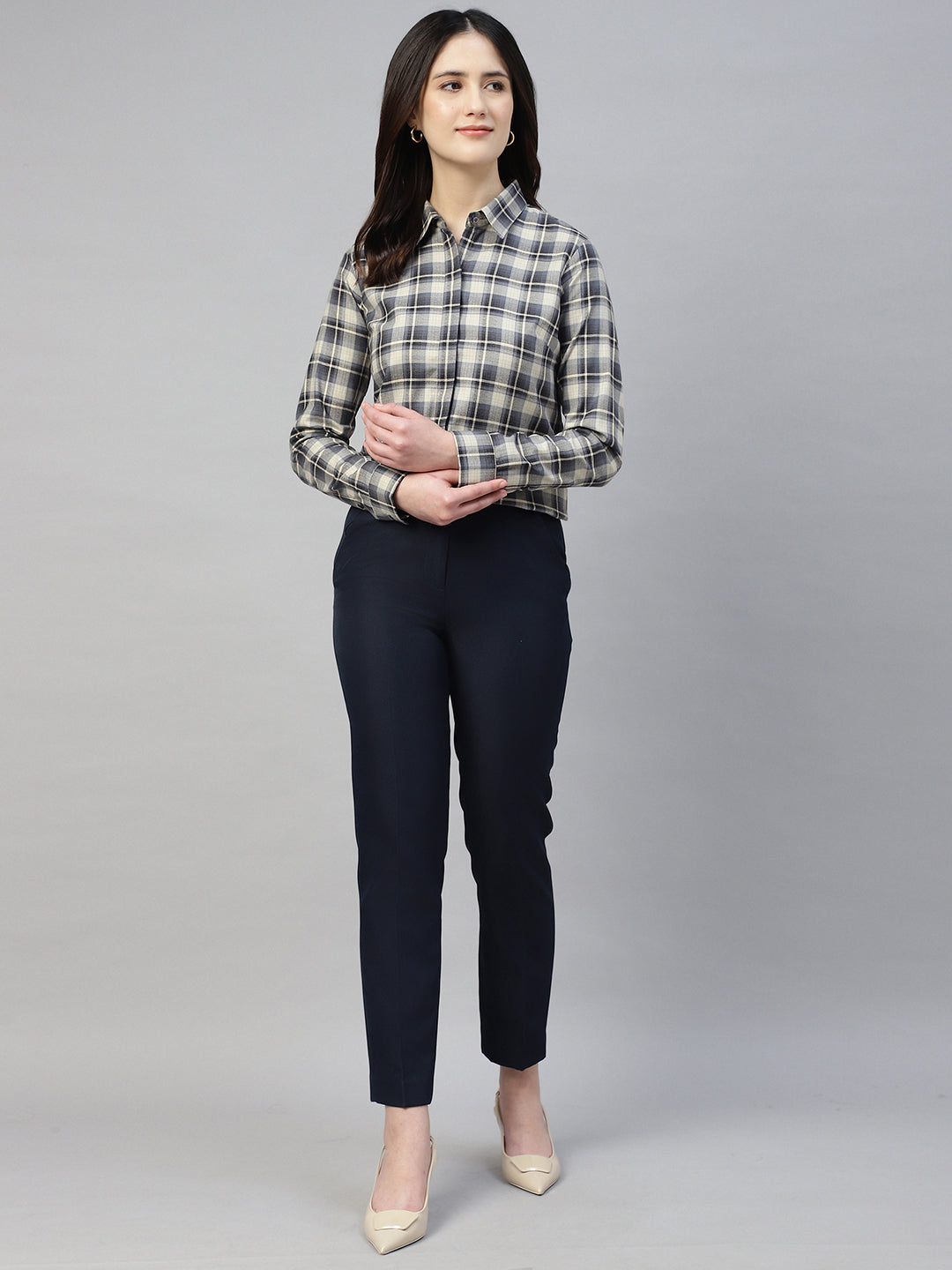 Hancock Women Beige & Navy Blue Check Pure Cotton Regular Fit Formal Shirt