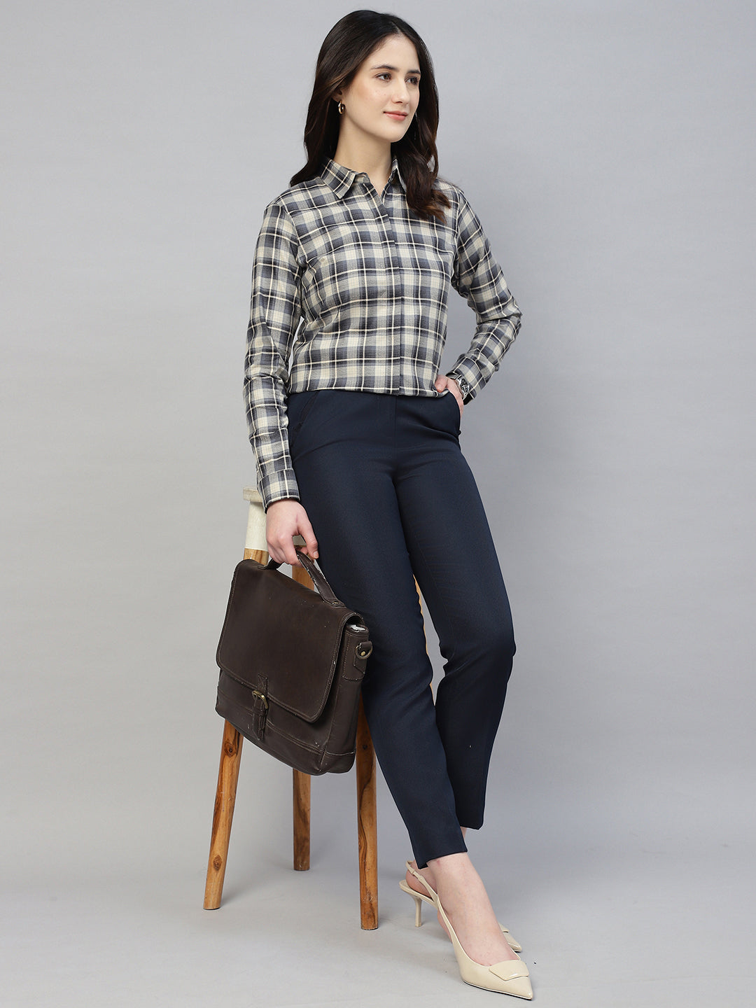 Hancock Women Beige & Navy Blue Check Pure Cotton Regular Fit Formal Shirt