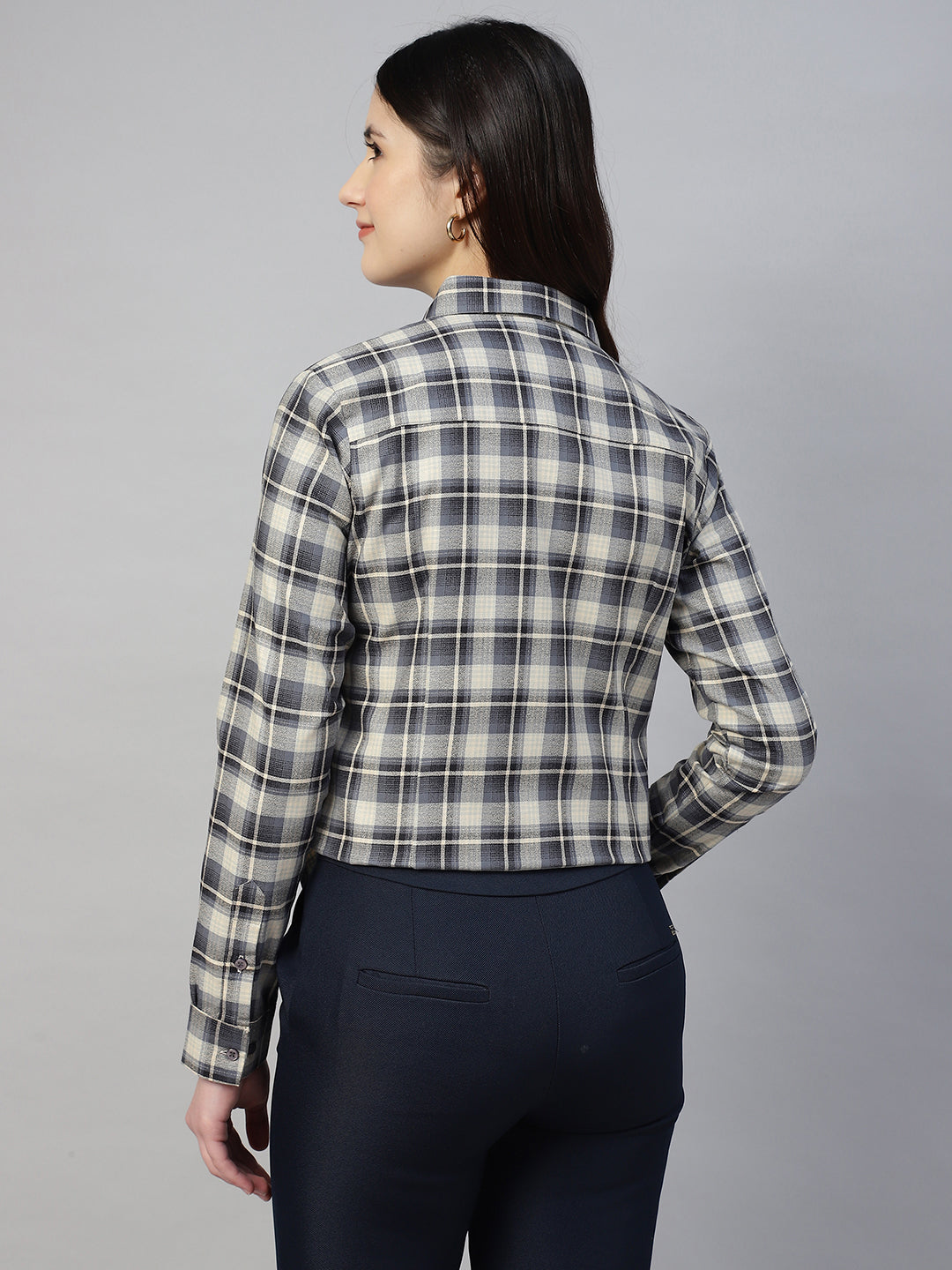 Hancock Women Beige & Navy Blue Check Pure Cotton Regular Fit Formal Shirt
