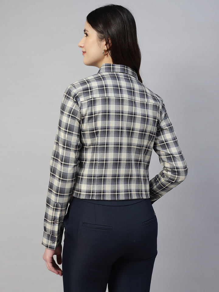 Hancock Women Beige & Navy Blue Check Pure Cotton Regular Fit Formal Shirt