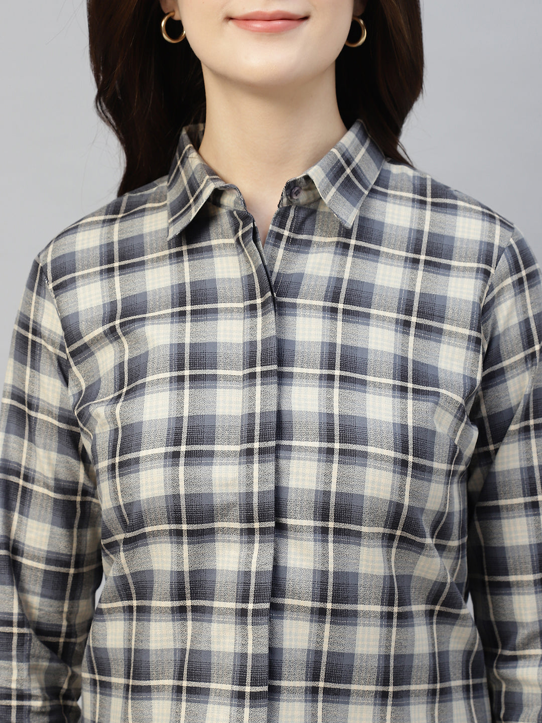 Hancock Women Beige & Navy Blue Check Pure Cotton Regular Fit Formal Shirt