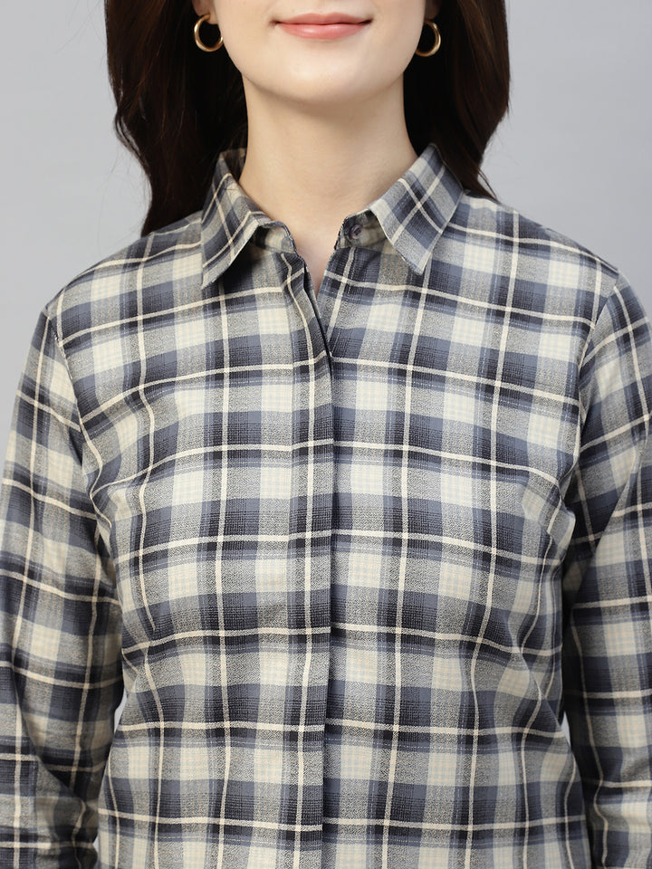 Hancock Women Beige & Navy Blue Check Pure Cotton Regular Fit Formal Shirt