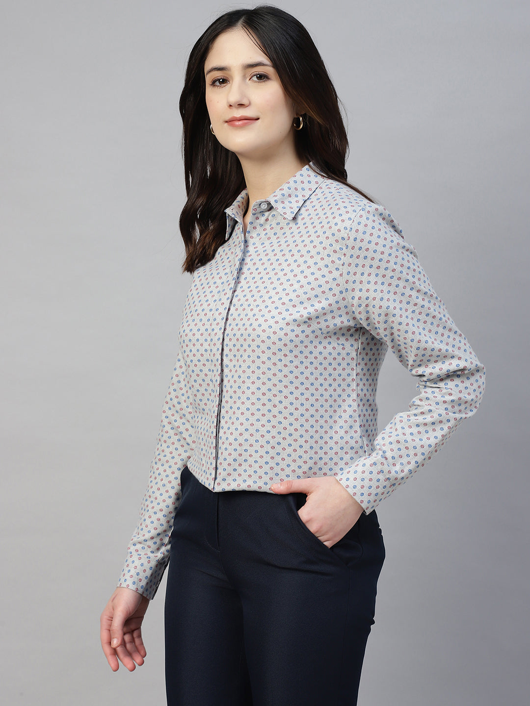 Hancock Women Grey Prints Pure Cotton Regular Fit Formal Shirt