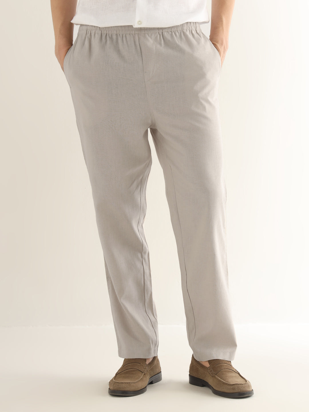 Hancock Men Beige Solid Linen Cotton Slim Fit Formal Trouser