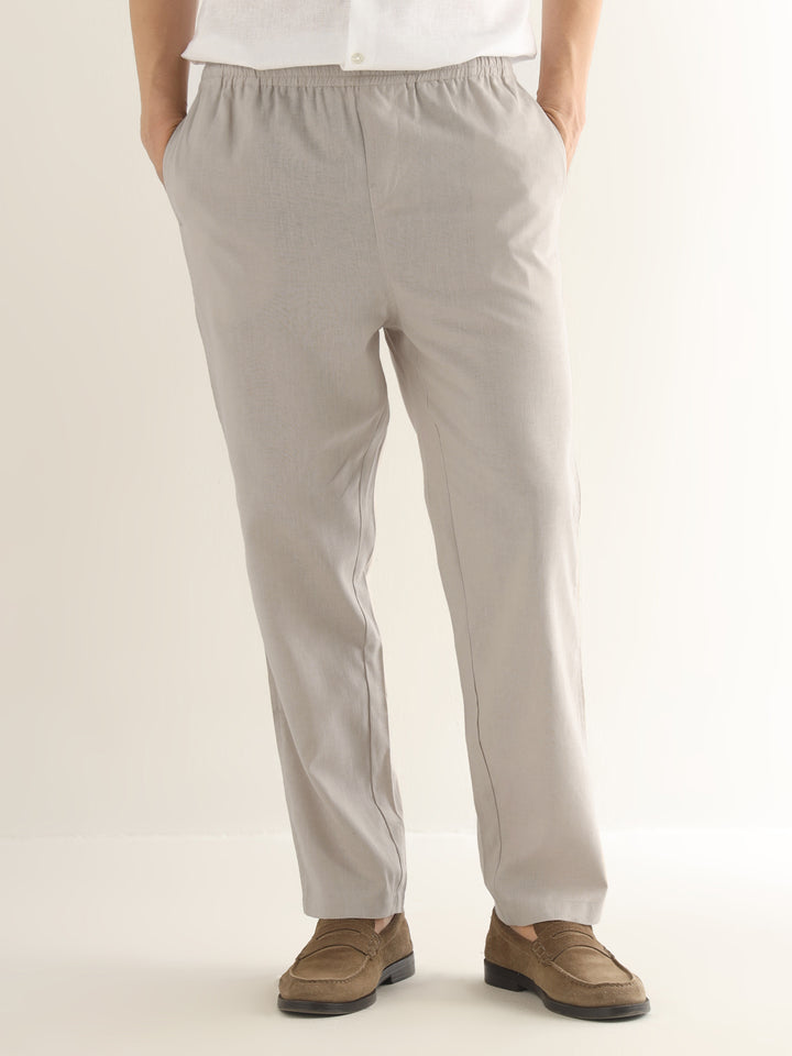 Hancock Men Beige Solid Linen Cotton Slim Fit Formal Trouser