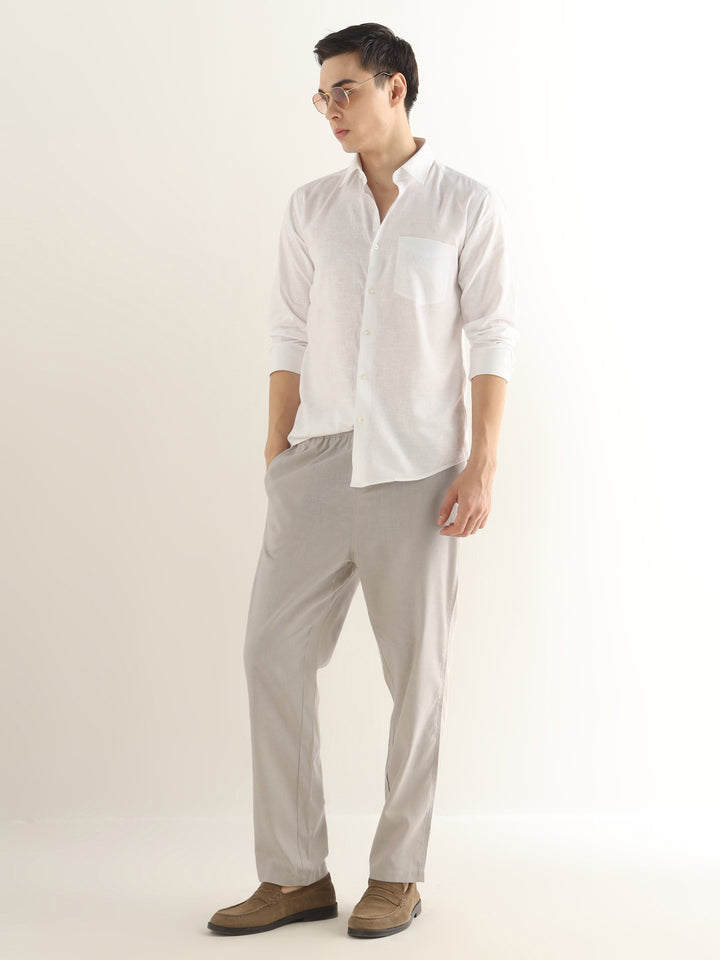 Hancock Men Beige Solid Linen Cotton Slim Fit Formal Trouser