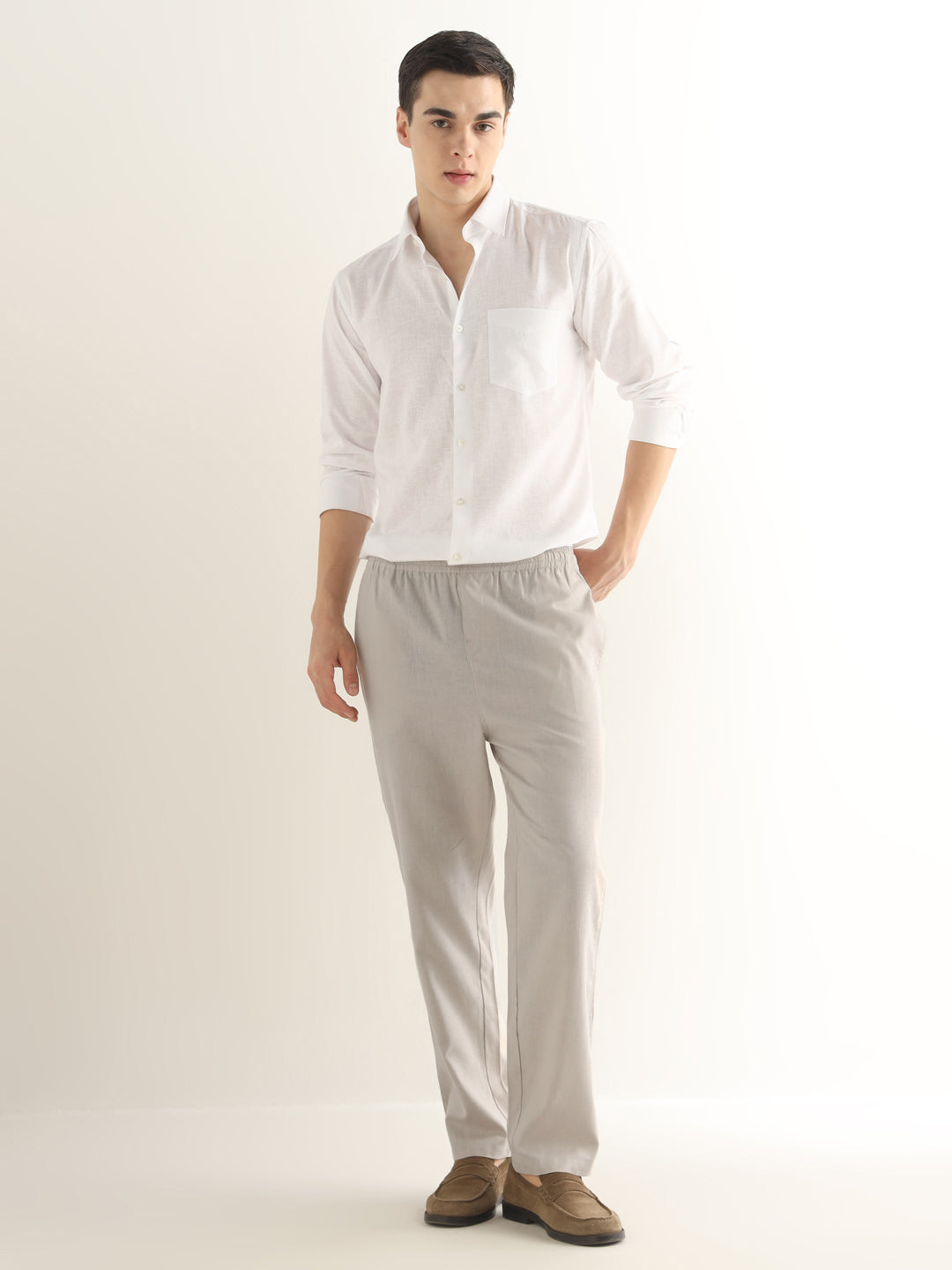Hancock Men Beige Solid Linen Cotton Slim Fit Formal Trouser