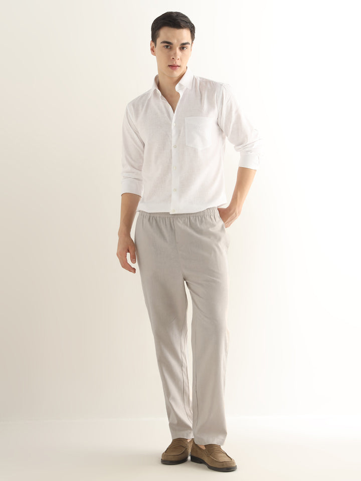 Hancock Men Beige Solid Linen Cotton Slim Fit Formal Trouser