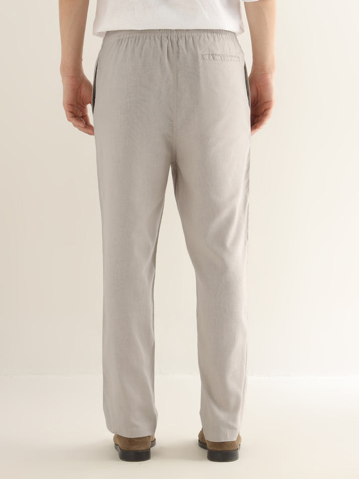 Hancock Men Beige Solid Linen Cotton Slim Fit Formal Trouser