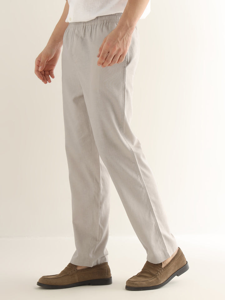 Hancock Men Beige Solid Linen Cotton Slim Fit Formal Trouser