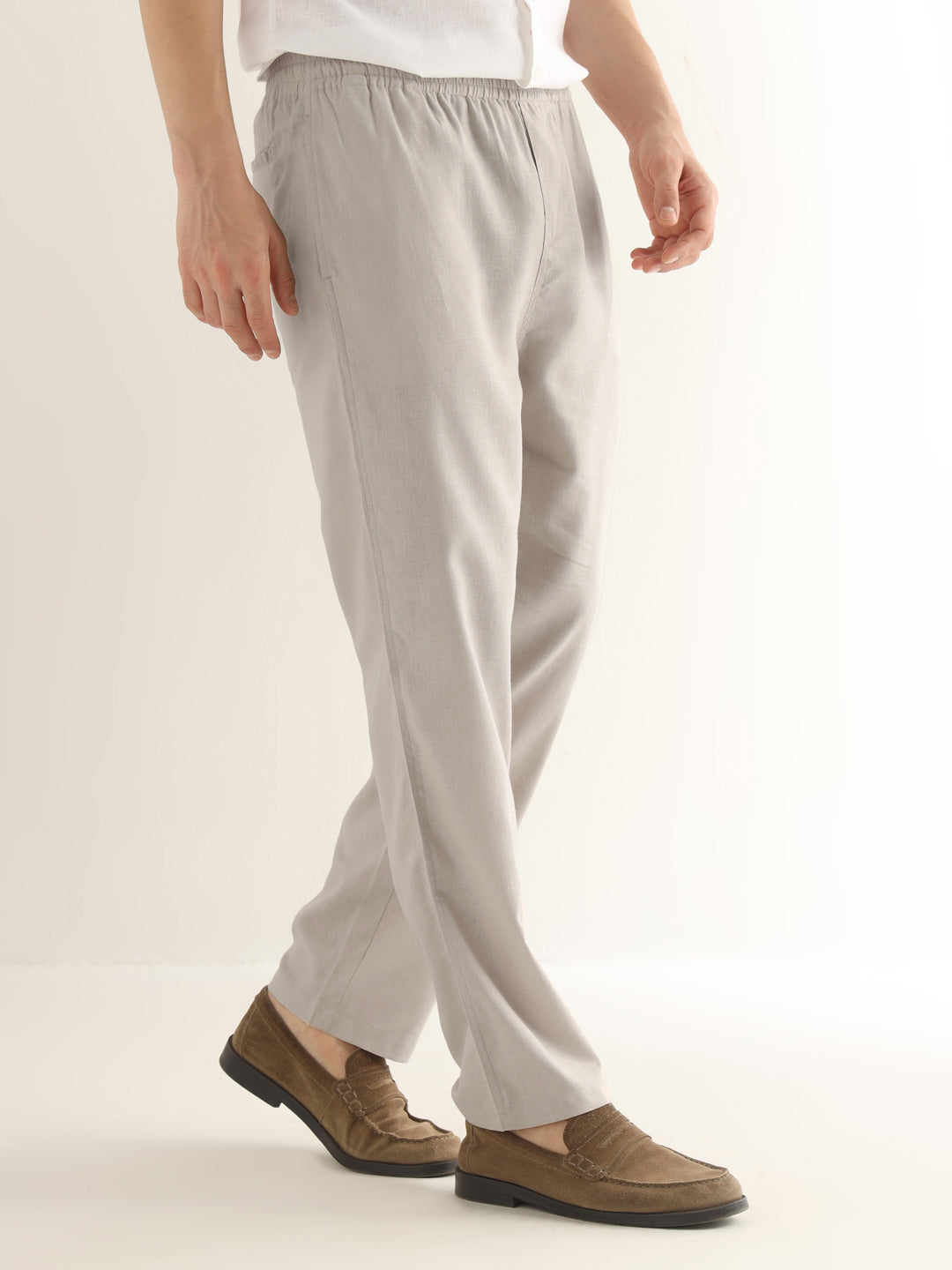 Hancock Men Beige Solid Linen Cotton Slim Fit Formal Trouser
