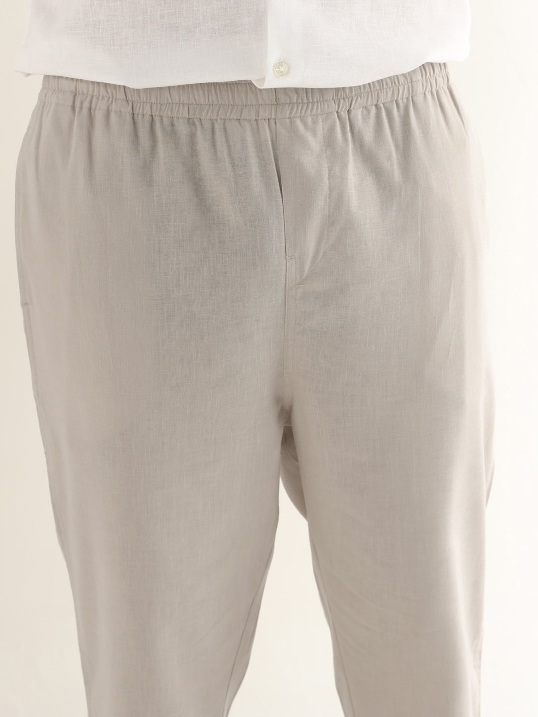 Hancock Men Beige Solid Linen Cotton Slim Fit Formal Trouser