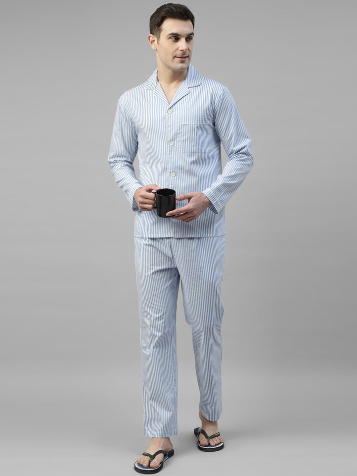 Men White & Blue Vertical Stripes Pure Cotton Relaxed Fit Night Suit
