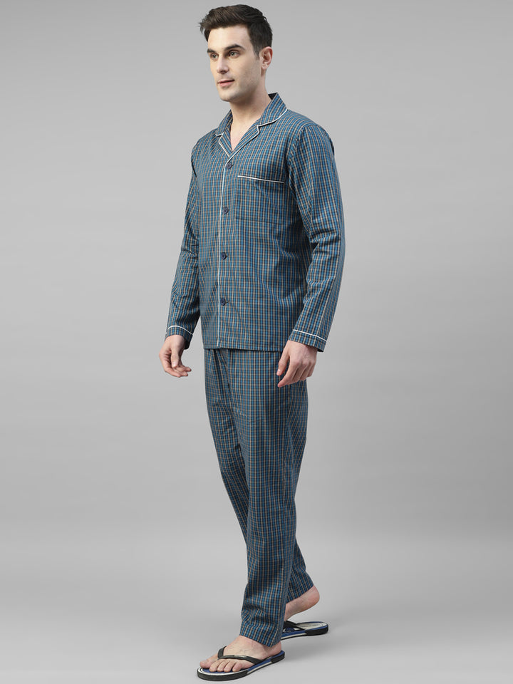 Men Navy & Blue Micro Checked Pure Cotton Relaxed Fit Night Suit