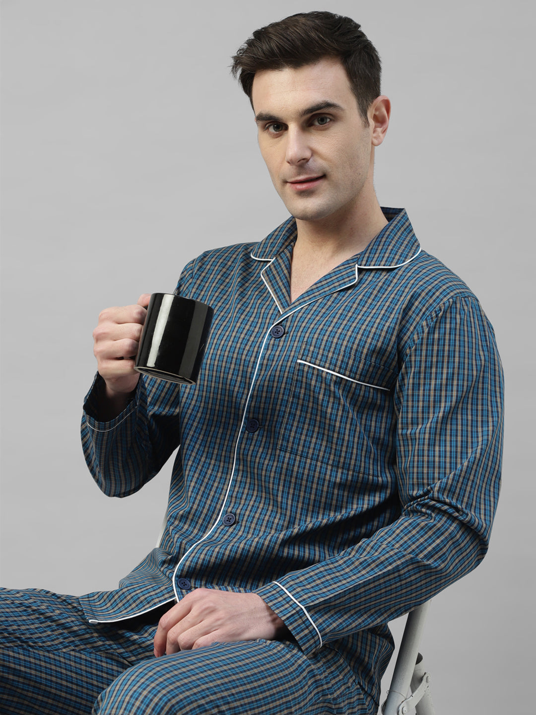 Men Navy & Blue Micro Checked Pure Cotton Relaxed Fit Night Suit