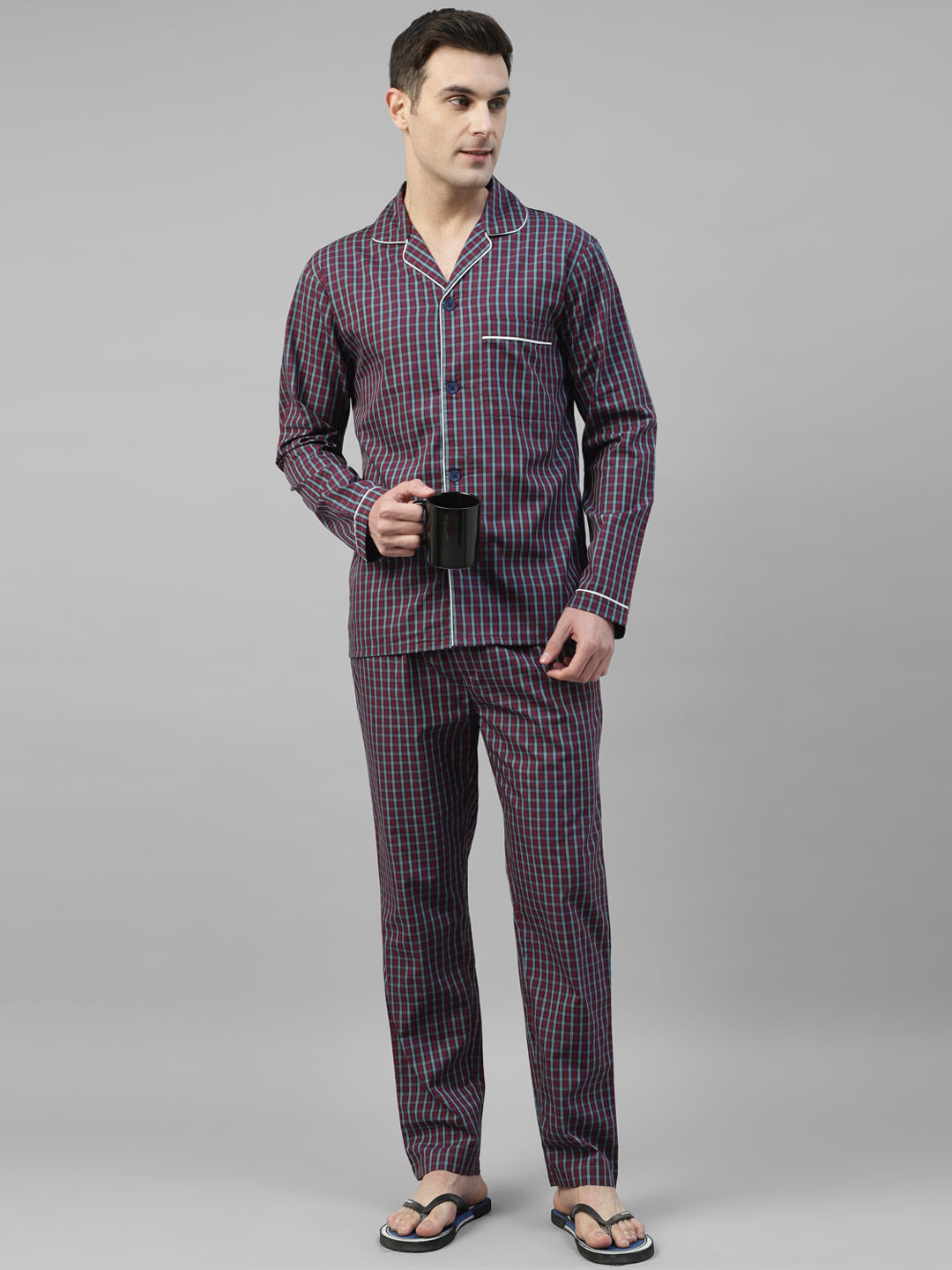 Men Navy & Red Micro Checked Pure Cotton Relaxed Fit Night Suit