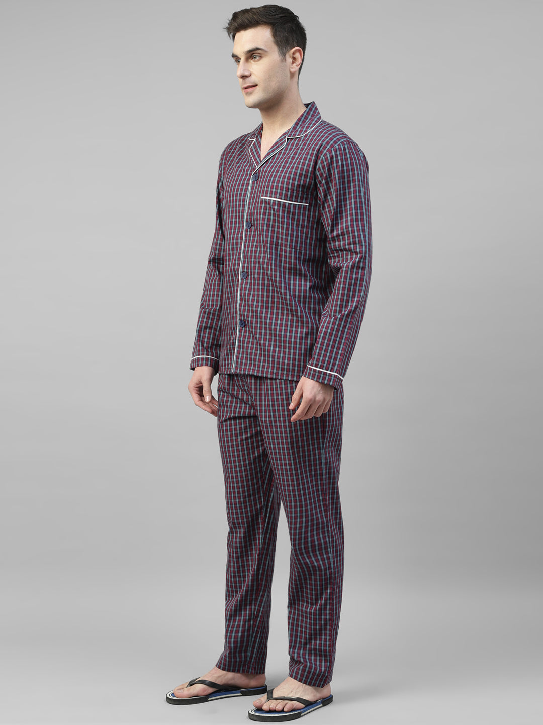 Men Navy & Red Micro Checked Pure Cotton Relaxed Fit Night Suit