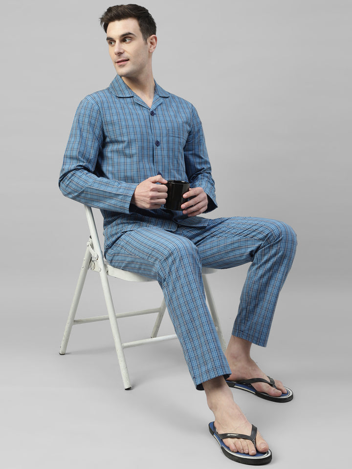 Men Blue Micro Checked Pure Cotton Relaxed Fit Night Suit