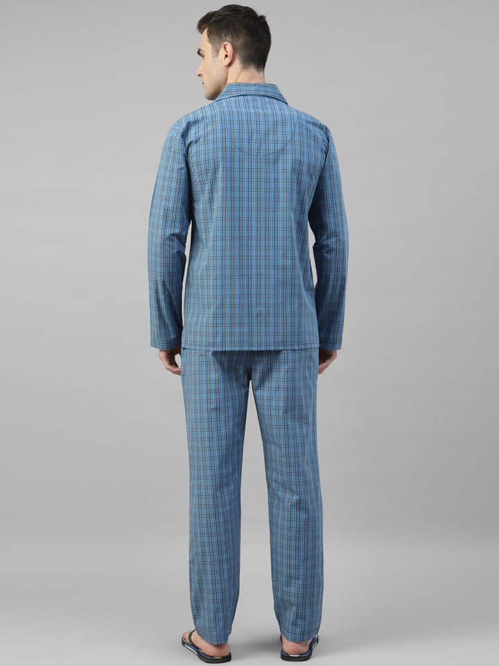 Men Blue Micro Checked Pure Cotton Relaxed Fit Night Suit