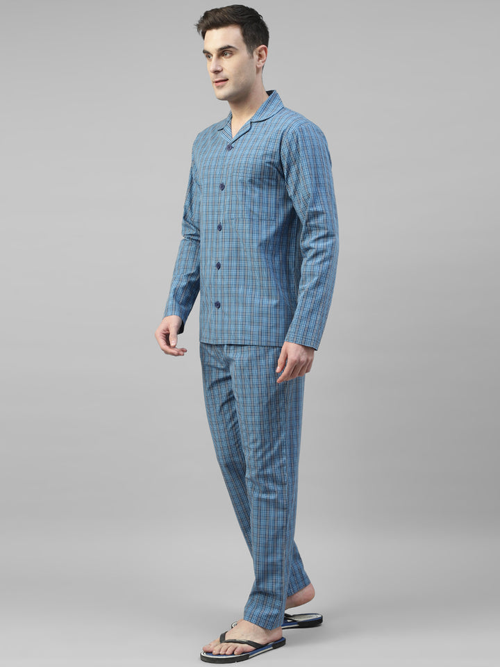 Men Blue Micro Checked Pure Cotton Relaxed Fit Night Suit