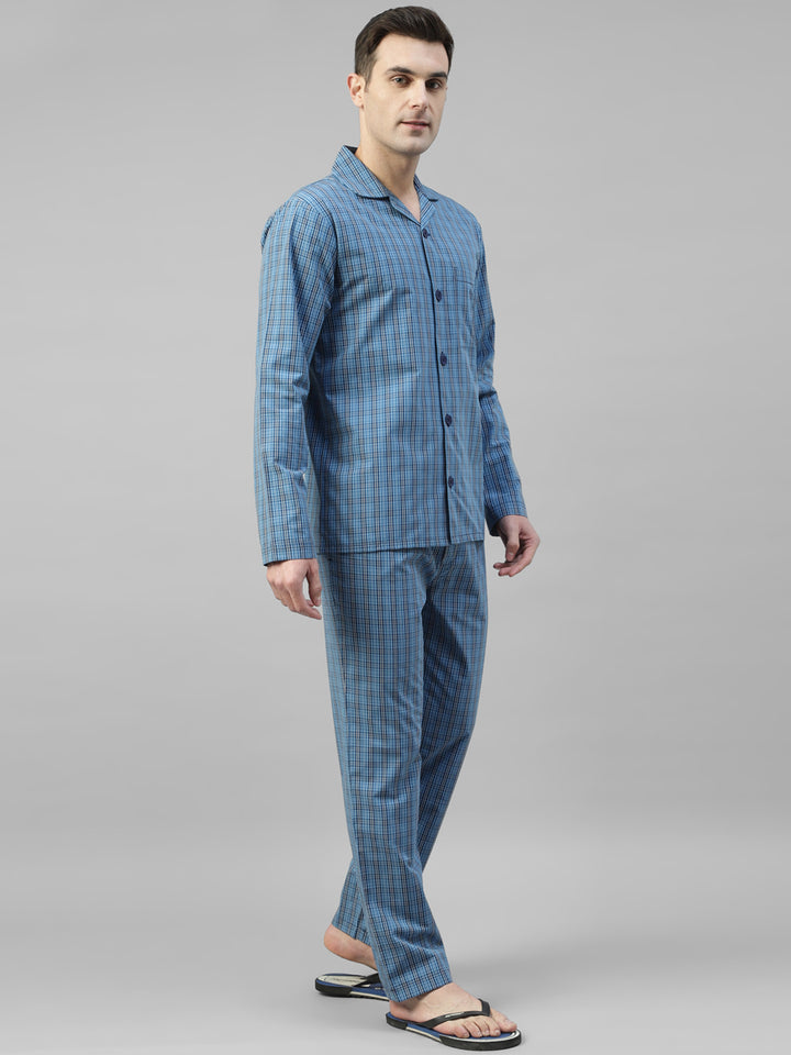 Men Blue Micro Checked Pure Cotton Relaxed Fit Night Suit