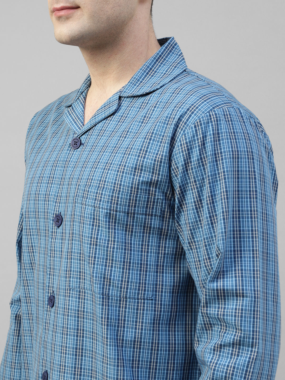 Men Blue Micro Checked Pure Cotton Relaxed Fit Night Suit