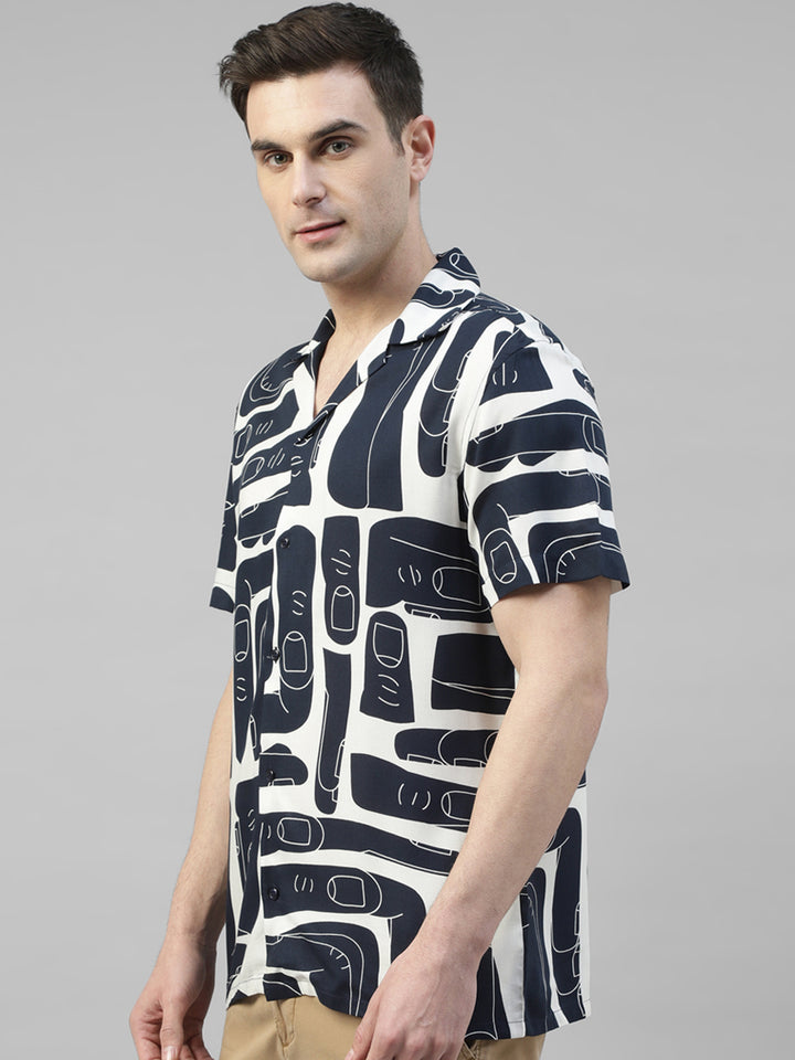 Men Navy Blue & White Abstract Printed Fluid Viscose Relaxed Fit Casual Resort Shirt