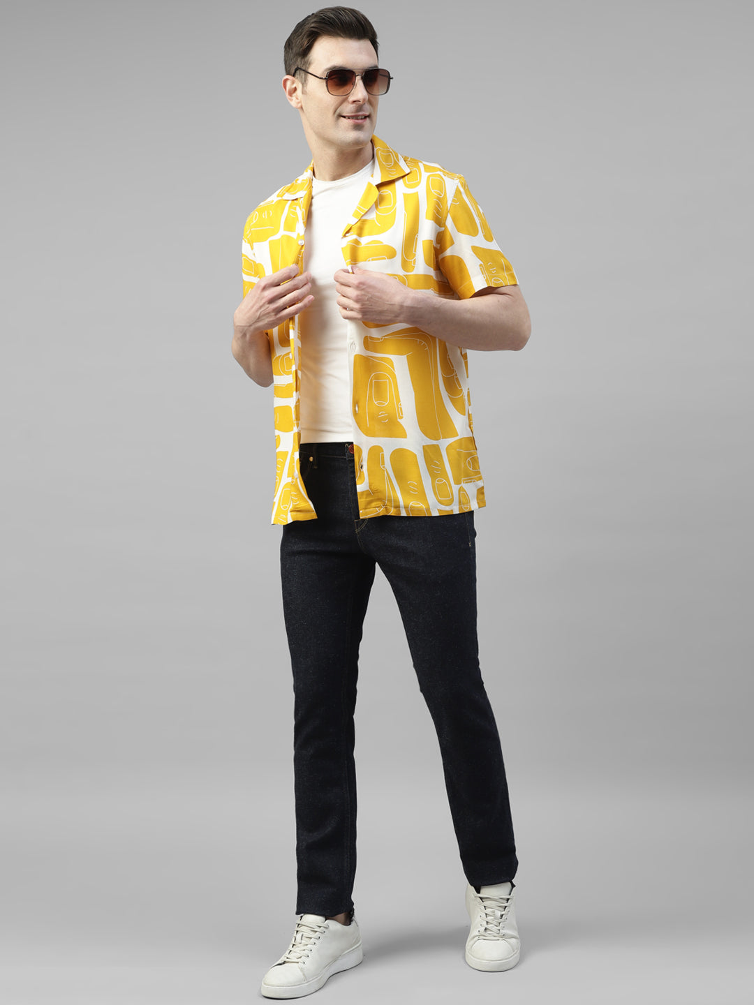 Men Mustard & White Abstract Printed Fluid Viscose Relaxed Fit Casual Resort Shirt