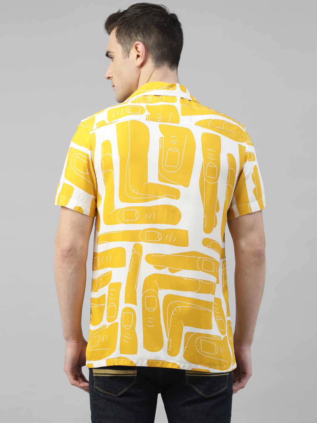 Men Mustard & White Abstract Printed Fluid Viscose Relaxed Fit Casual Resort Shirt