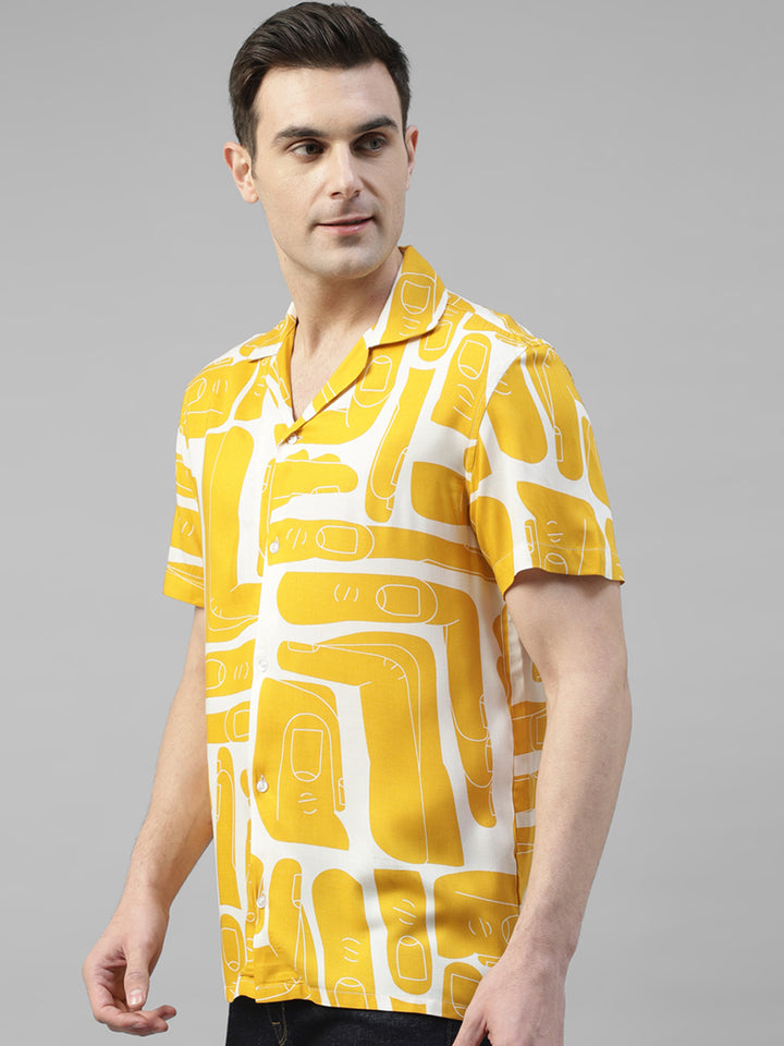 Men Mustard & White Abstract Printed Fluid Viscose Relaxed Fit Casual Resort Shirt